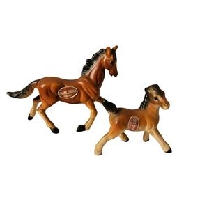 Vintage Bone China Japan Miniature Horse Figurines Brown Foal Pony Set